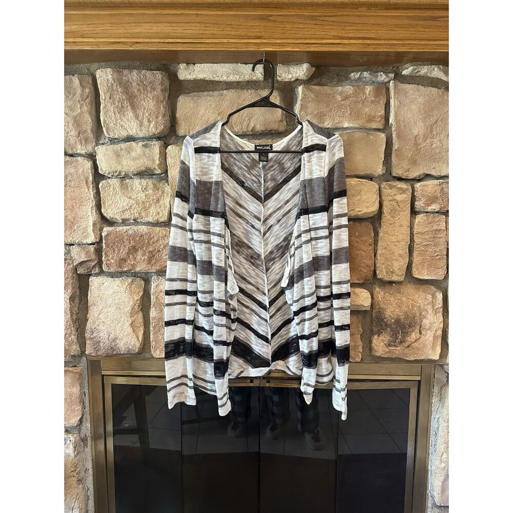 Y2K 00s Wet Seal Knit Cardigan Light Sheer Stretch Womens M Striped Black &White